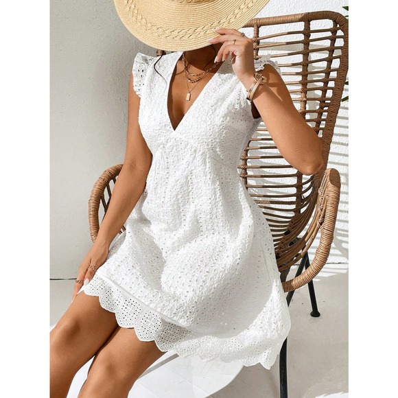 boho Eyelet Embroidered sundress Scallop Trim white Dress - Picture 4 of 5